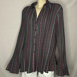 APT. 9 Black Print Button Up Blouse Long Flare Sleeves Size 3XL